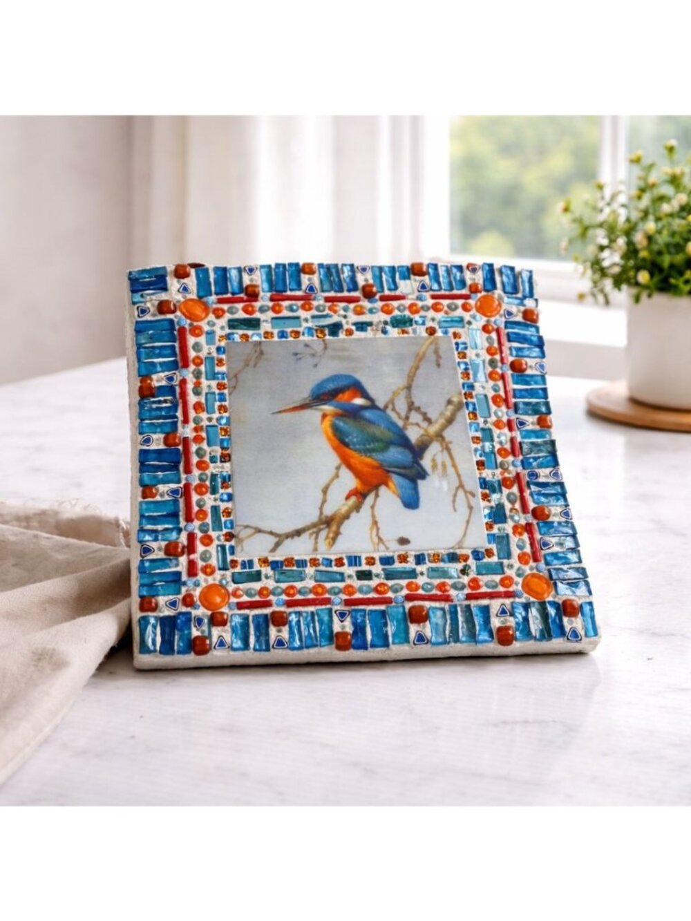 Handcrafted Mosaic Tile Wall Art With Kingfisher Bird Design Blue & Orange Glass
